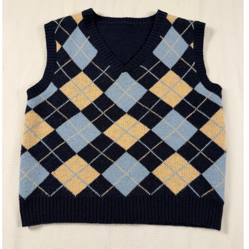 Blue Argyle Knit V-Neck Sweater Vest OS Preppy Academic Collegiate Cute Layering